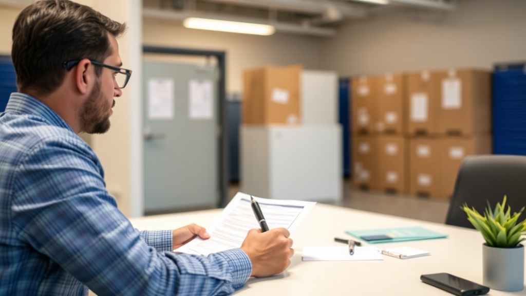 Person negotiating storage rental agreement at facility office